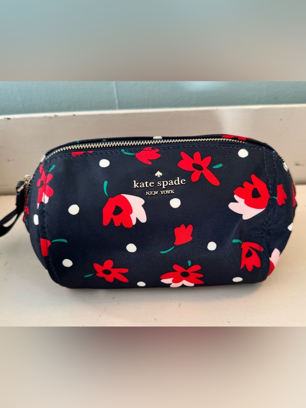 kate spade Navy Floral Cosmetic Bag Pouch with Red and Pink Flowers